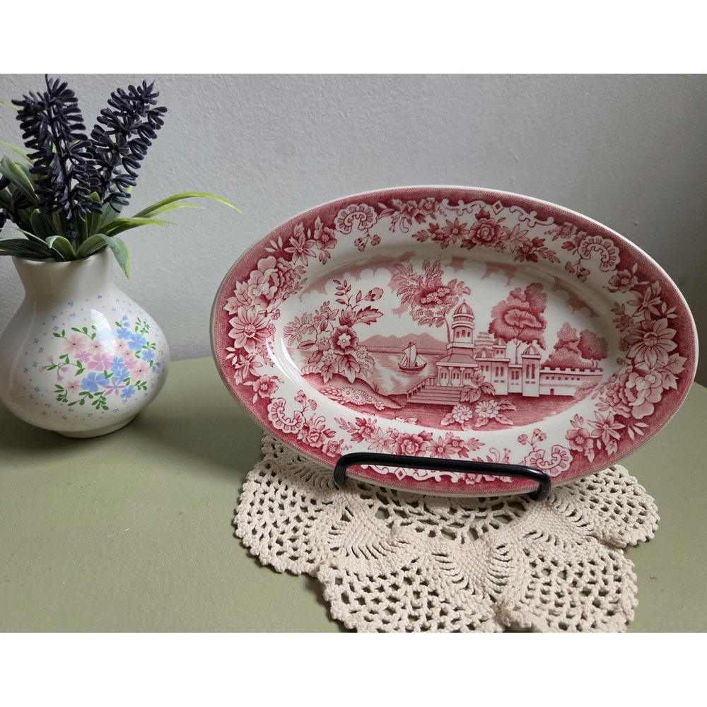 Vintage Maddock Red Transferware Oval Dish Empire Crockery England